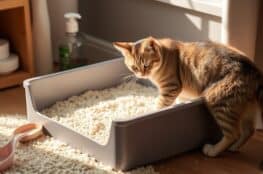 Playful Cape Town cat with litter box in cozy home environment.