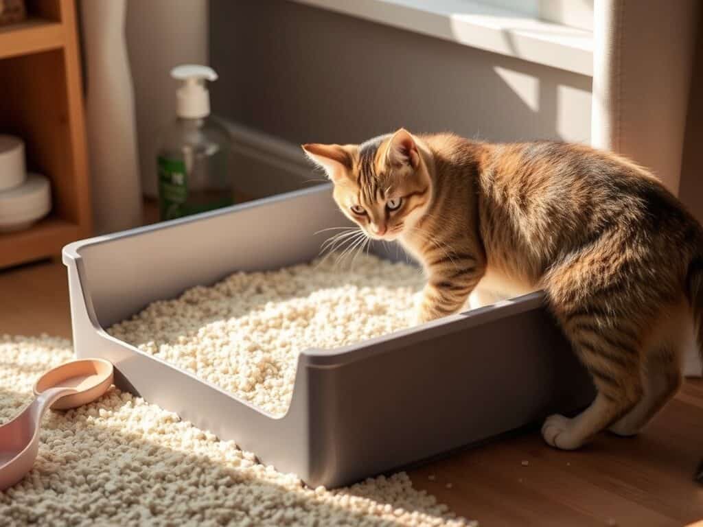 Playful Cape Town cat with litter box in cozy home environment.