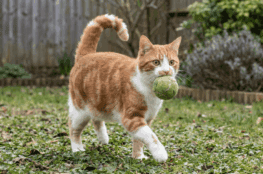 Playful outdoor cat with tennis ball in Cape Town garden.