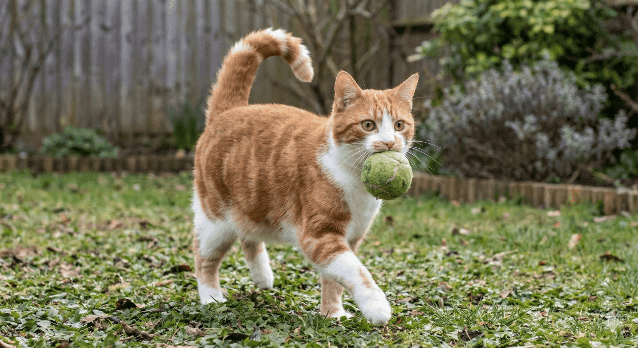 Playful outdoor cat with tennis ball in Cape Town garden.
